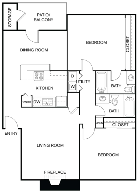 A floor plan of a home with a living room, dining room, kitchen, and two bedrooms.
